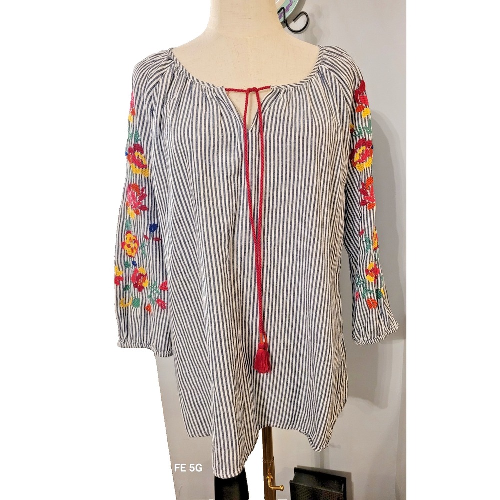 Womens Beachy Peasant Boho SZ L Floral Embroidered Striped Tassel Blouse Top
